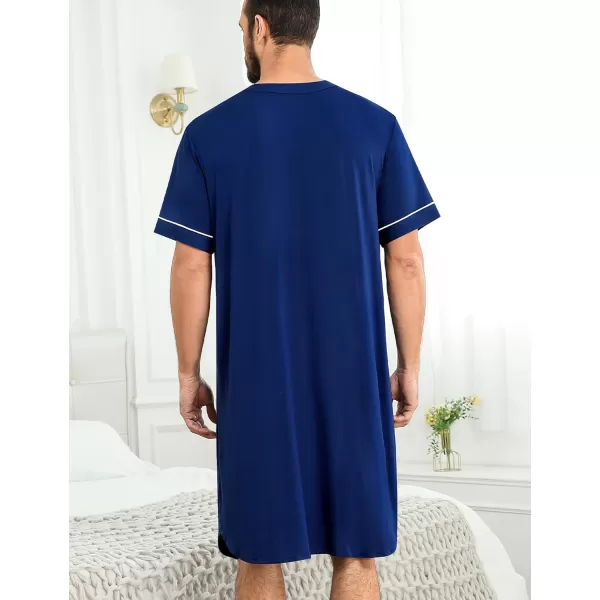 imageSWOMOG Mens Nightshirt Short Sleeve Nightgown Soft Loose Sleepwear Lightweight Nightwear Comfy Henley Sleep Shirt M3XLNavy Blue