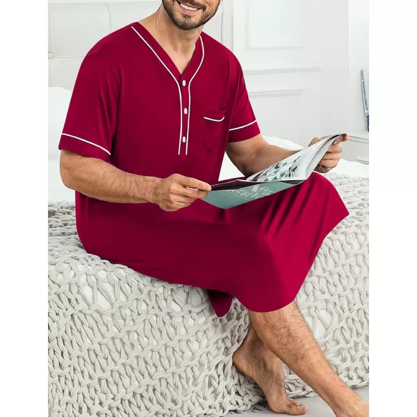 imageSWOMOG Mens Nightshirt Short Sleeve Nightgown Soft Loose Sleepwear Lightweight Nightwear Comfy Henley Sleep Shirt M3XLWine Red