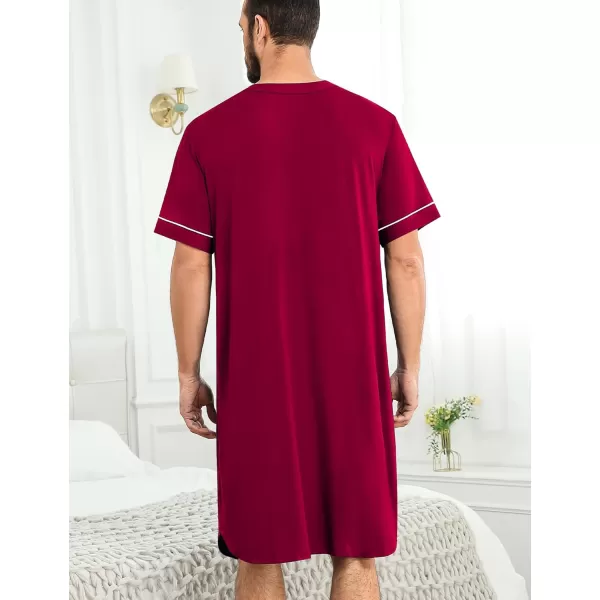 imageSWOMOG Mens Nightshirt Short Sleeve Nightgown Soft Loose Sleepwear Lightweight Nightwear Comfy Henley Sleep Shirt M3XLWine Red