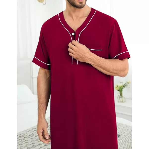 imageSWOMOG Mens Nightshirt Short Sleeve Nightgown Soft Loose Sleepwear Lightweight Nightwear Comfy Henley Sleep Shirt M3XLWine Red