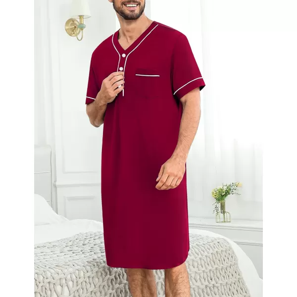 imageSWOMOG Mens Nightshirt Short Sleeve Nightgown Soft Loose Sleepwear Lightweight Nightwear Comfy Henley Sleep Shirt M3XLWine Red