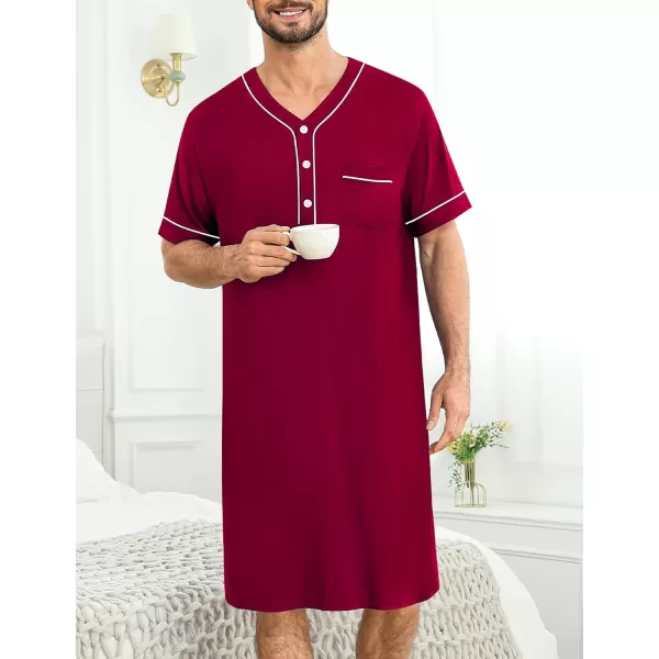 imageSWOMOG Mens Nightshirt Short Sleeve Nightgown Soft Loose Sleepwear Lightweight Nightwear Comfy Henley Sleep Shirt M3XLWine Red