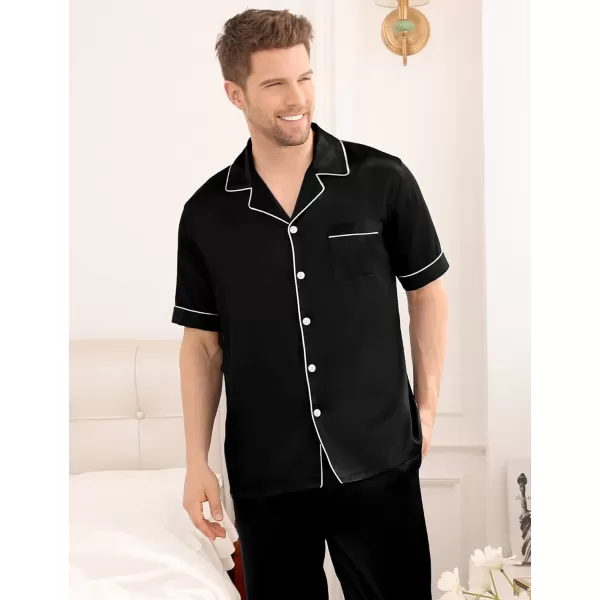 imageSWOMOG Mens Satin Silky Pajama Set Short Sleeve Classic Sleepwear Button Down Loungewear with Long PantsBlack