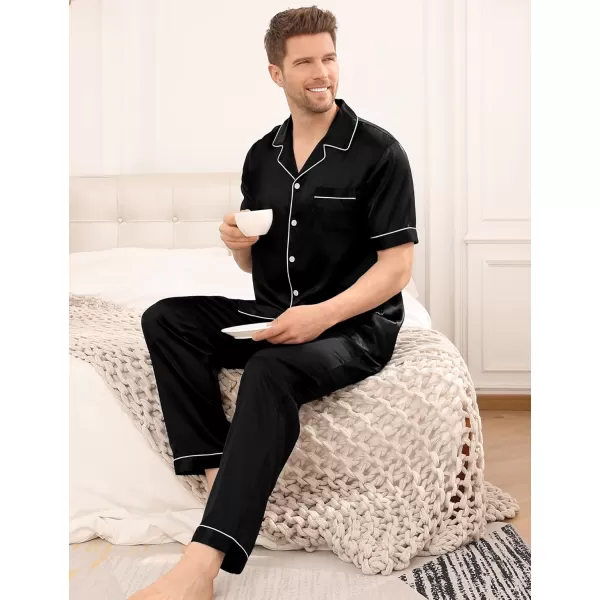 imageSWOMOG Mens Satin Silky Pajama Set Short Sleeve Classic Sleepwear Button Down Loungewear with Long PantsBlack