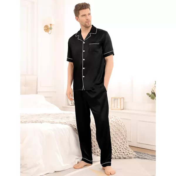 imageSWOMOG Mens Satin Silky Pajama Set Short Sleeve Classic Sleepwear Button Down Loungewear with Long PantsBlack