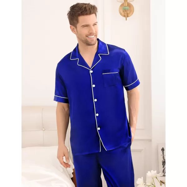 imageSWOMOG Mens Satin Silky Pajama Set Short Sleeve Classic Sleepwear Button Down Loungewear with Long PantsBlue