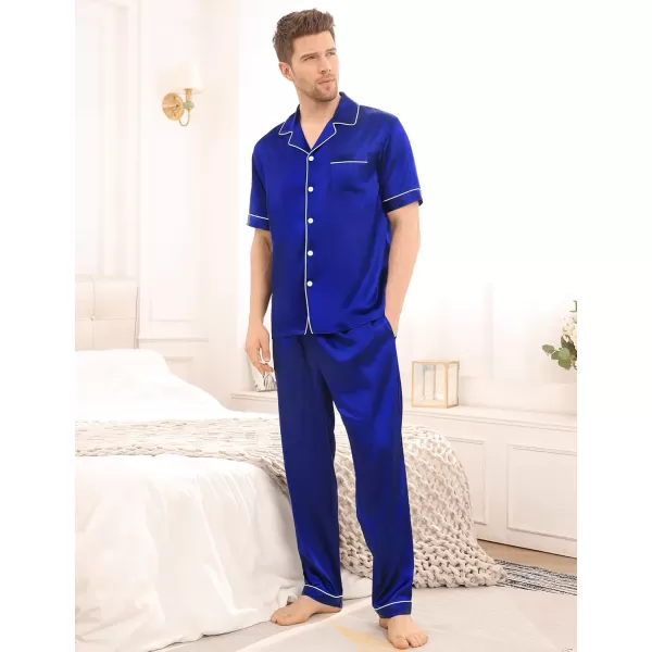 imageSWOMOG Mens Satin Silky Pajama Set Short Sleeve Classic Sleepwear Button Down Loungewear with Long PantsBlue