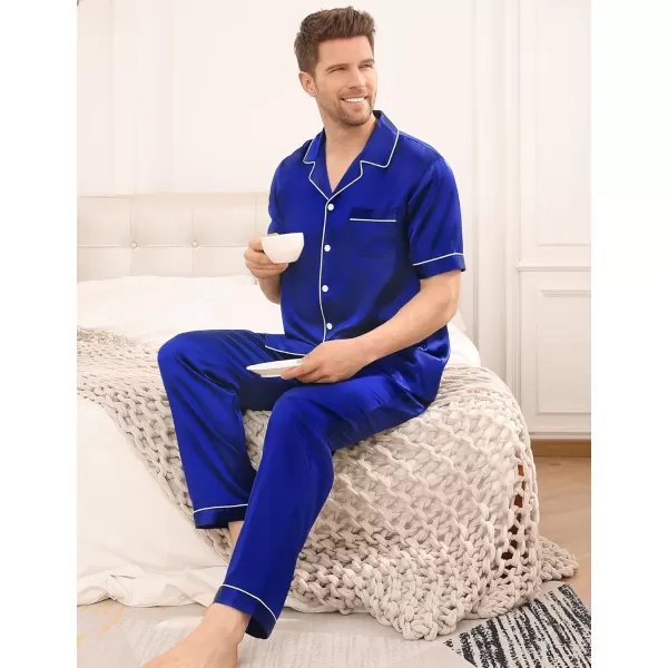 imageSWOMOG Mens Satin Silky Pajama Set Short Sleeve Classic Sleepwear Button Down Loungewear with Long PantsBlue