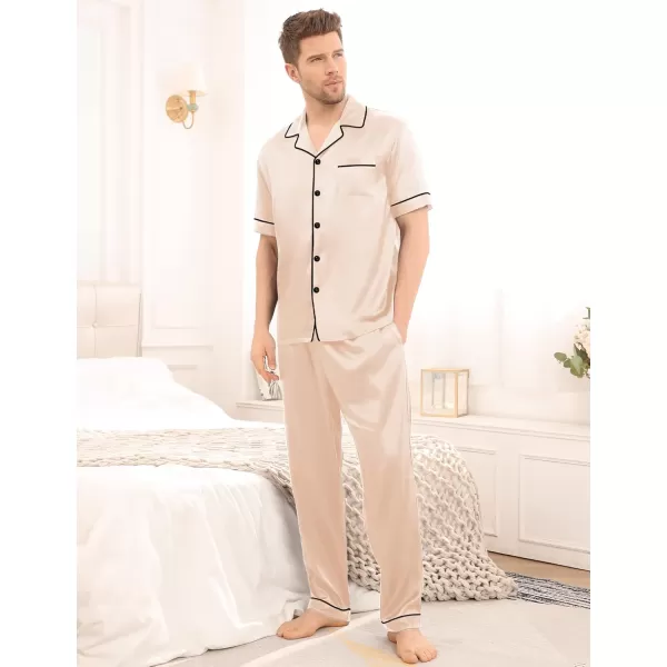 imageSWOMOG Mens Satin Silky Pajama Set Short Sleeve Classic Sleepwear Button Down Loungewear with Long PantsChampagne