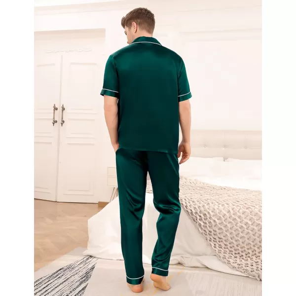 imageSWOMOG Mens Satin Silky Pajama Set Short Sleeve Classic Sleepwear Button Down Loungewear with Long PantsDark Forest Green