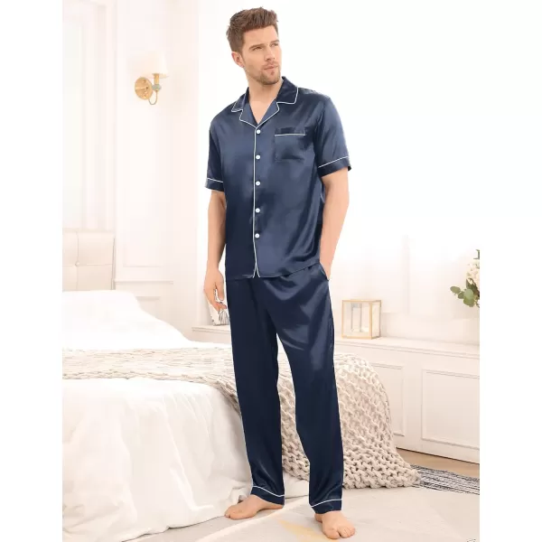 imageSWOMOG Mens Satin Silky Pajama Set Short Sleeve Classic Sleepwear Button Down Loungewear with Long PantsDeep Grey