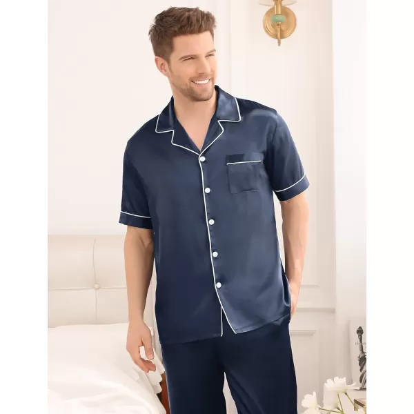 imageSWOMOG Mens Satin Silky Pajama Set Short Sleeve Classic Sleepwear Button Down Loungewear with Long PantsDeep Grey