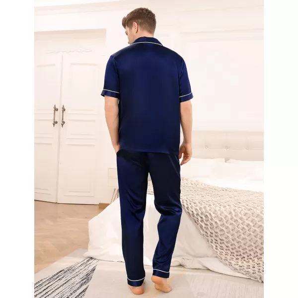 imageSWOMOG Mens Satin Silky Pajama Set Short Sleeve Classic Sleepwear Button Down Loungewear with Long PantsDeep Navy Blue