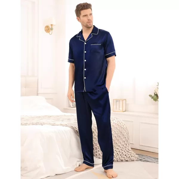 imageSWOMOG Mens Satin Silky Pajama Set Short Sleeve Classic Sleepwear Button Down Loungewear with Long PantsDeep Navy Blue