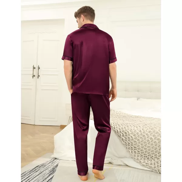 imageSWOMOG Mens Satin Silky Pajama Set Short Sleeve Classic Sleepwear Button Down Loungewear with Long PantsDeep Wine Red