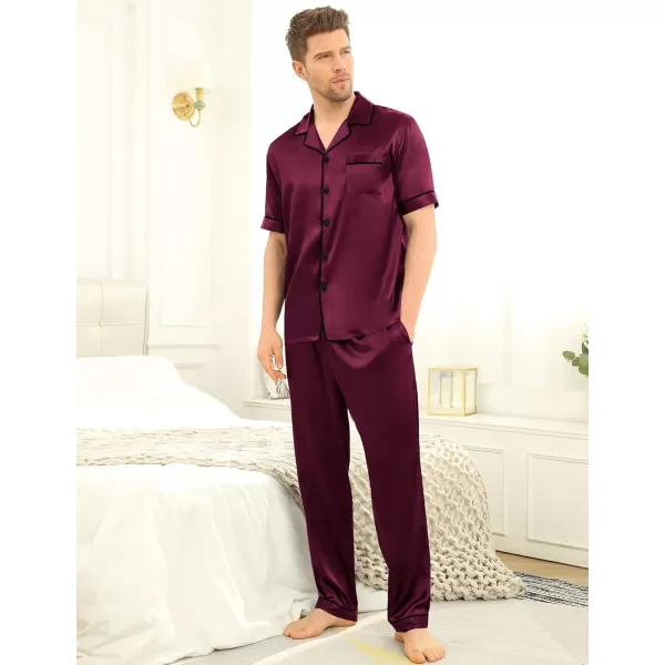 imageSWOMOG Mens Satin Silky Pajama Set Short Sleeve Classic Sleepwear Button Down Loungewear with Long PantsDeep Wine Red