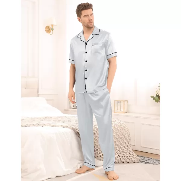 imageSWOMOG Mens Satin Silky Pajama Set Short Sleeve Classic Sleepwear Button Down Loungewear with Long PantsGrey