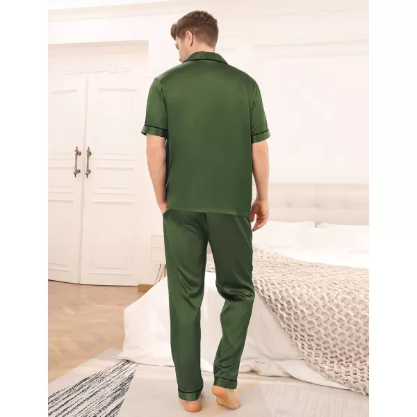 imageSWOMOG Mens Satin Silky Pajama Set Short Sleeve Classic Sleepwear Button Down Loungewear with Long PantsOlive Green