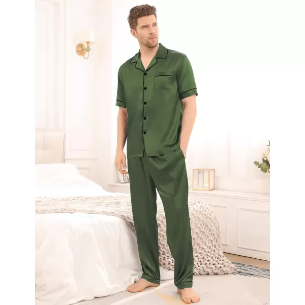 imageSWOMOG Mens Satin Silky Pajama Set Short Sleeve Classic Sleepwear Button Down Loungewear with Long PantsOlive Green