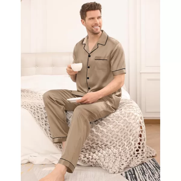 imageSWOMOG Mens Satin Silky Pajama Set Short Sleeve Classic Sleepwear Button Down Loungewear with Long PantsOpaue Couche