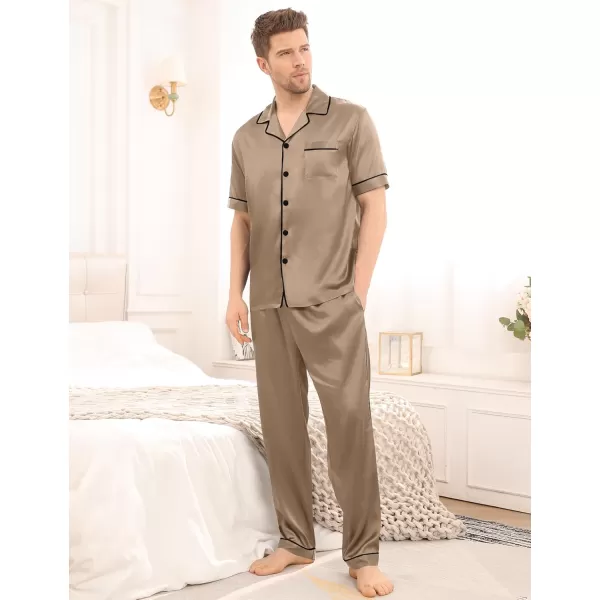 imageSWOMOG Mens Satin Silky Pajama Set Short Sleeve Classic Sleepwear Button Down Loungewear with Long PantsOpaue Couche