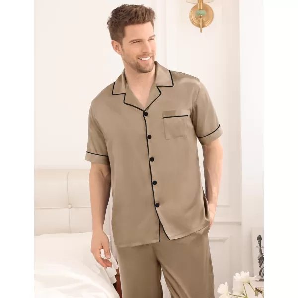 imageSWOMOG Mens Satin Silky Pajama Set Short Sleeve Classic Sleepwear Button Down Loungewear with Long PantsOpaue Couche