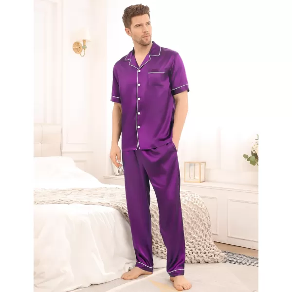 imageSWOMOG Mens Satin Silky Pajama Set Short Sleeve Classic Sleepwear Button Down Loungewear with Long PantsPurple