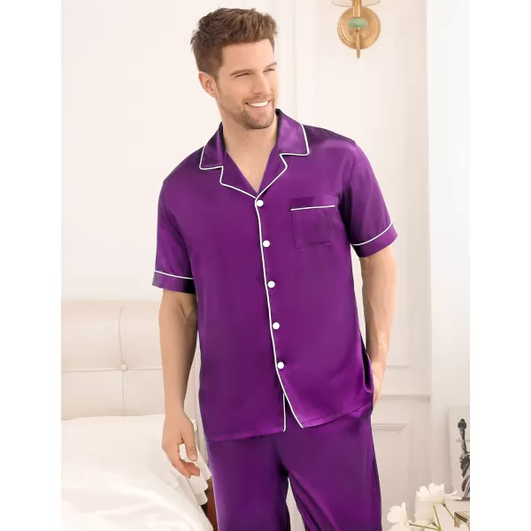 imageSWOMOG Mens Satin Silky Pajama Set Short Sleeve Classic Sleepwear Button Down Loungewear with Long PantsPurple