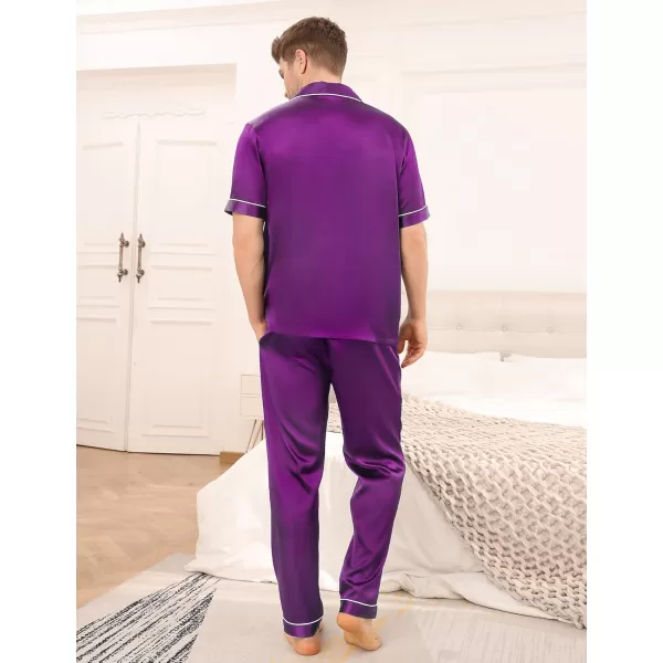 imageSWOMOG Mens Satin Silky Pajama Set Short Sleeve Classic Sleepwear Button Down Loungewear with Long PantsPurple