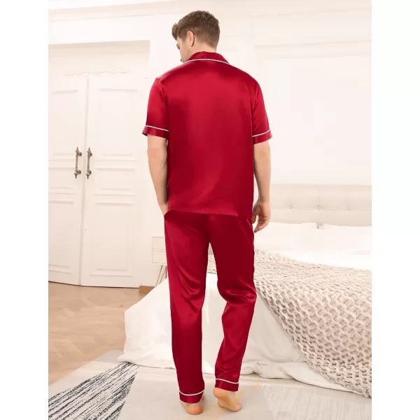 imageSWOMOG Mens Satin Silky Pajama Set Short Sleeve Classic Sleepwear Button Down Loungewear with Long PantsRed