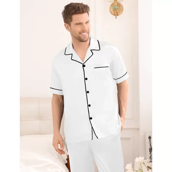 imageSWOMOG Mens Satin Silky Pajama Set Short Sleeve Classic Sleepwear Button Down Loungewear with Long PantsWhite