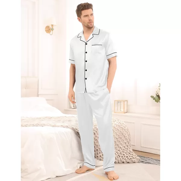 imageSWOMOG Mens Satin Silky Pajama Set Short Sleeve Classic Sleepwear Button Down Loungewear with Long PantsWhite