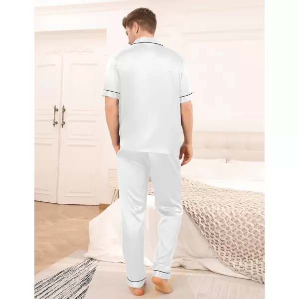 imageSWOMOG Mens Satin Silky Pajama Set Short Sleeve Classic Sleepwear Button Down Loungewear with Long PantsWhite