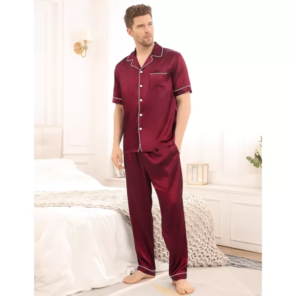 imageSWOMOG Mens Satin Silky Pajama Set Short Sleeve Classic Sleepwear Button Down Loungewear with Long PantsWine Red