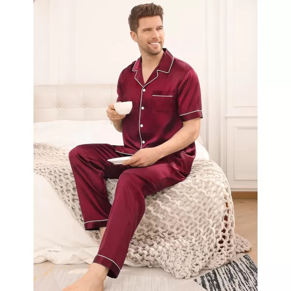 imageSWOMOG Mens Satin Silky Pajama Set Short Sleeve Classic Sleepwear Button Down Loungewear with Long PantsWine Red