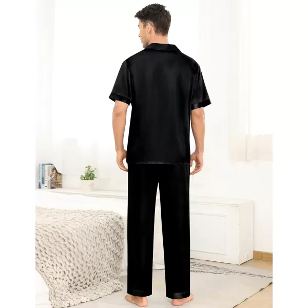 imageSWOMOG Mens Satin Silky Pajama Set Short Sleeve Classic Sleepwear Button Down Loungewear with Long PantsZ  Solid Black  With Drawstrings