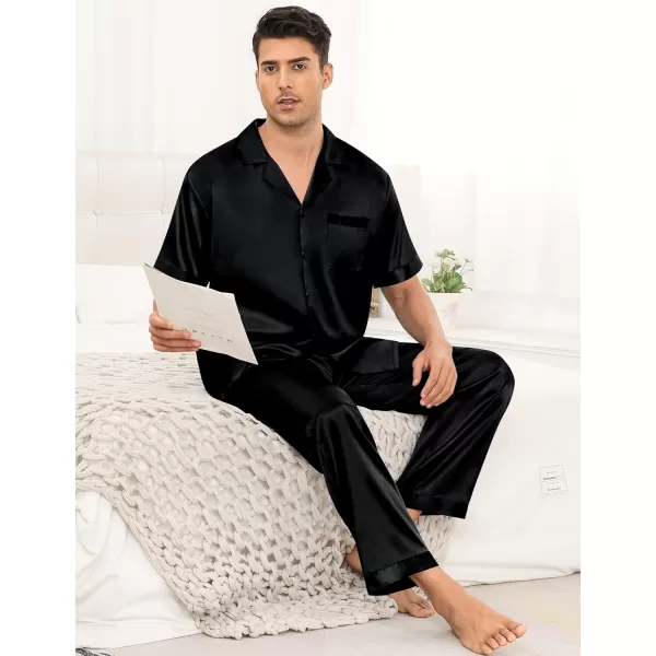 imageSWOMOG Mens Satin Silky Pajama Set Short Sleeve Classic Sleepwear Button Down Loungewear with Long PantsZ  Solid Black  With Drawstrings