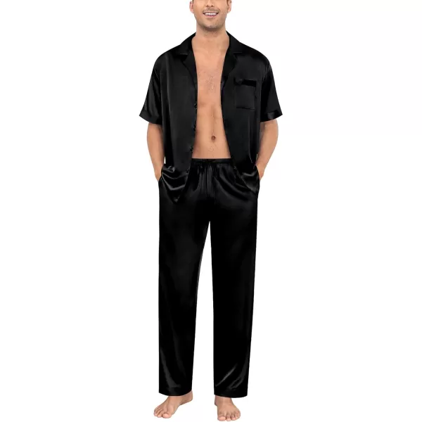 imageSWOMOG Mens Satin Silky Pajama Set Short Sleeve Classic Sleepwear Button Down Loungewear with Long PantsZ  Solid Black  With Drawstrings