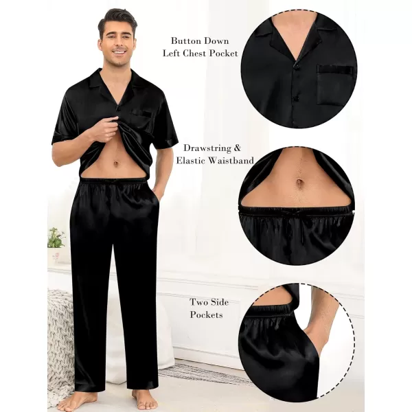 imageSWOMOG Mens Satin Silky Pajama Set Short Sleeve Classic Sleepwear Button Down Loungewear with Long PantsZ  Solid Black  With Drawstrings