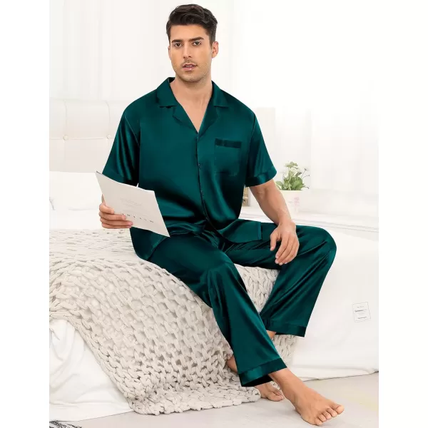 imageSWOMOG Mens Satin Silky Pajama Set Short Sleeve Classic Sleepwear Button Down Loungewear with Long PantsZ  Solid Deep Green  With Drawstrings