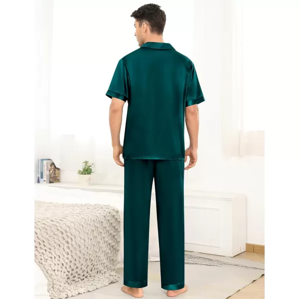 imageSWOMOG Mens Satin Silky Pajama Set Short Sleeve Classic Sleepwear Button Down Loungewear with Long PantsZ  Solid Deep Green  With Drawstrings