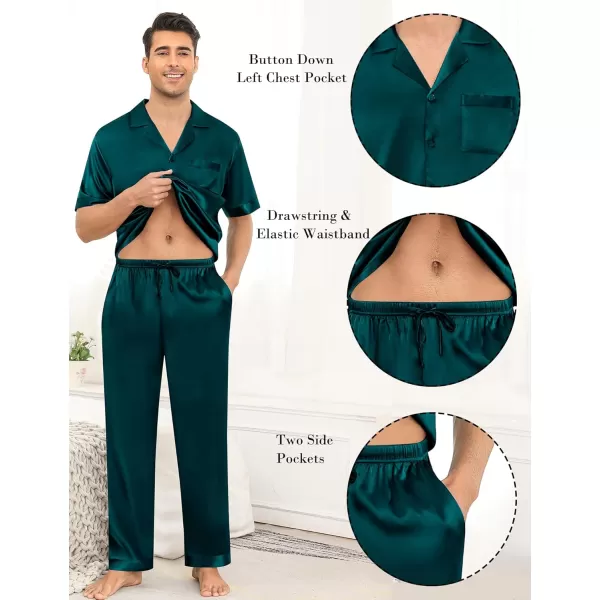 imageSWOMOG Mens Satin Silky Pajama Set Short Sleeve Classic Sleepwear Button Down Loungewear with Long PantsZ  Solid Deep Green  With Drawstrings