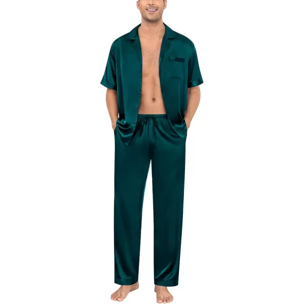 imageSWOMOG Mens Satin Silky Pajama Set Short Sleeve Classic Sleepwear Button Down Loungewear with Long PantsZ  Solid Deep Green  With Drawstrings