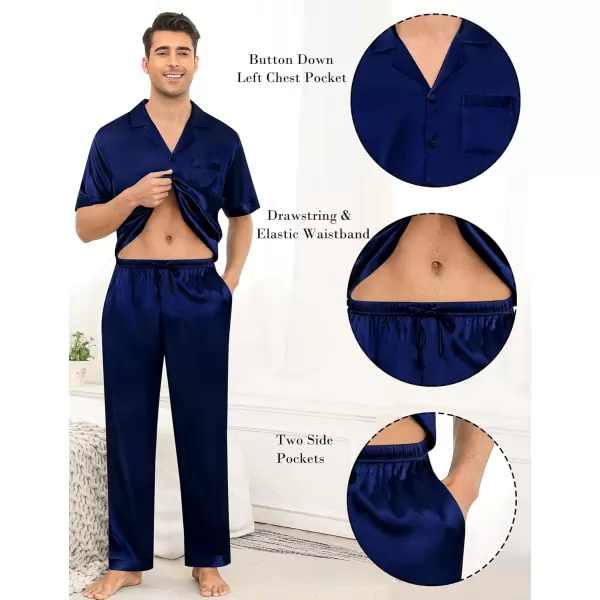 imageSWOMOG Mens Satin Silky Pajama Set Short Sleeve Classic Sleepwear Button Down Loungewear with Long PantsZ  Solid Deep Navy Blue  With Drawstrings