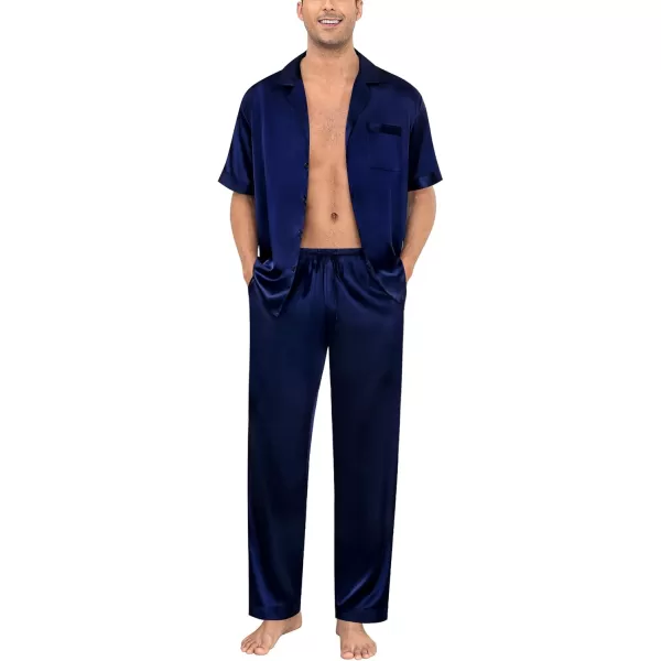 imageSWOMOG Mens Satin Silky Pajama Set Short Sleeve Classic Sleepwear Button Down Loungewear with Long PantsZ  Solid Deep Navy Blue  With Drawstrings