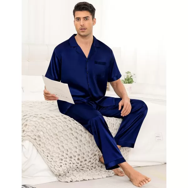 imageSWOMOG Mens Satin Silky Pajama Set Short Sleeve Classic Sleepwear Button Down Loungewear with Long PantsZ  Solid Deep Navy Blue  With Drawstrings