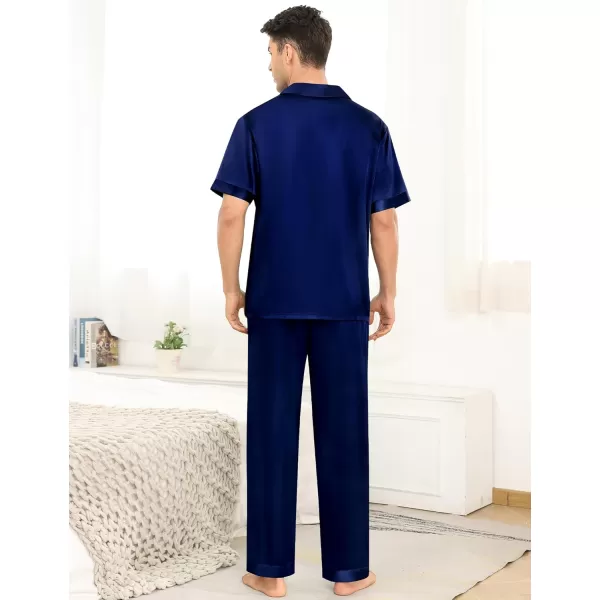 imageSWOMOG Mens Satin Silky Pajama Set Short Sleeve Classic Sleepwear Button Down Loungewear with Long PantsZ  Solid Deep Navy Blue  With Drawstrings