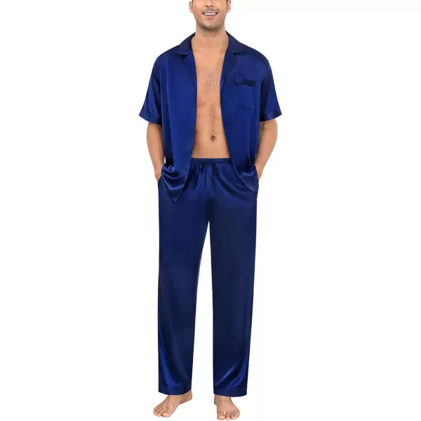 imageSWOMOG Mens Satin Silky Pajama Set Short Sleeve Classic Sleepwear Button Down Loungewear with Long PantsZ  Solid Navy Blue  With Drawstrings