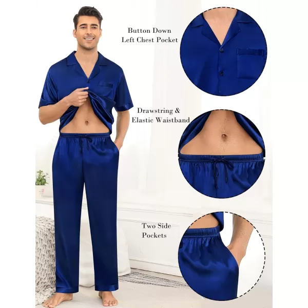 imageSWOMOG Mens Satin Silky Pajama Set Short Sleeve Classic Sleepwear Button Down Loungewear with Long PantsZ  Solid Navy Blue  With Drawstrings