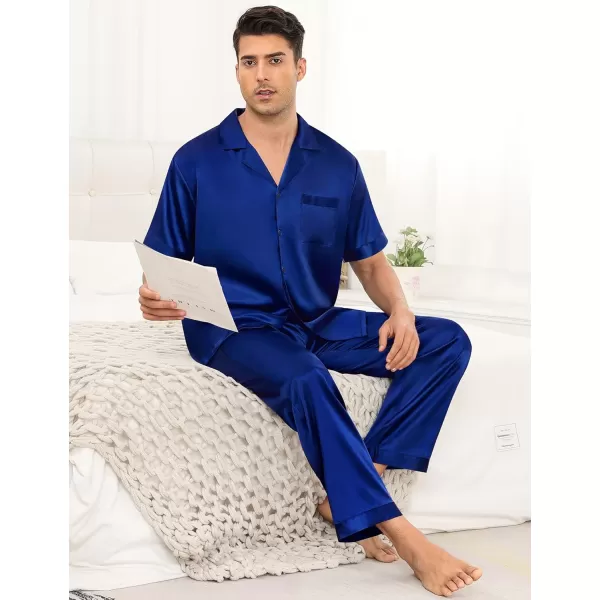 imageSWOMOG Mens Satin Silky Pajama Set Short Sleeve Classic Sleepwear Button Down Loungewear with Long PantsZ  Solid Navy Blue  With Drawstrings